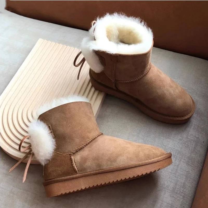 High Quality Women's Boots Sweet Bow Snow Boots Real Sheepskin Leather Natural Fur Winter Boots Thick Wool  Women's Warm Shoes