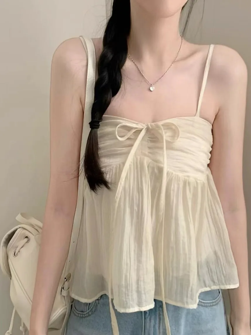 Seksowny top na ramiączkach damski, koreański styl, do noszenia pod ubraniem, wiązany, mały, z odkrytym ramieniem, dopasowany, elegancki, wyszczuplający, czysty C...