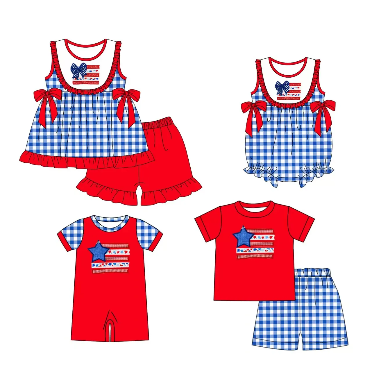 

Toddler new summer suit boys and girls short-sleeved shorts jumpsuit red lace bow blue and white plaid cute clothing wholesale