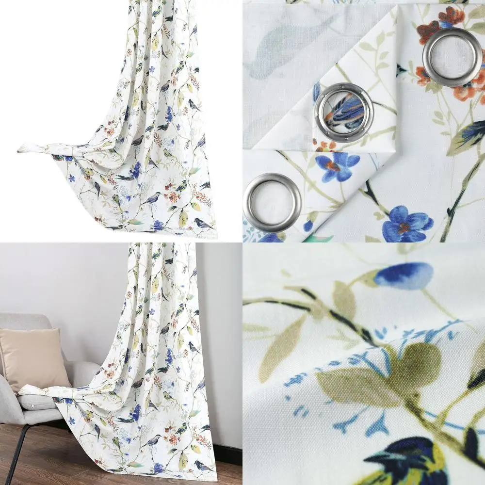 

Комплект из 2 льняных текстурированных штор с узором, светопропускающие, с принтом «Синие птицы», для гостиной и спальни, 42x72 дюйма, на люверсах