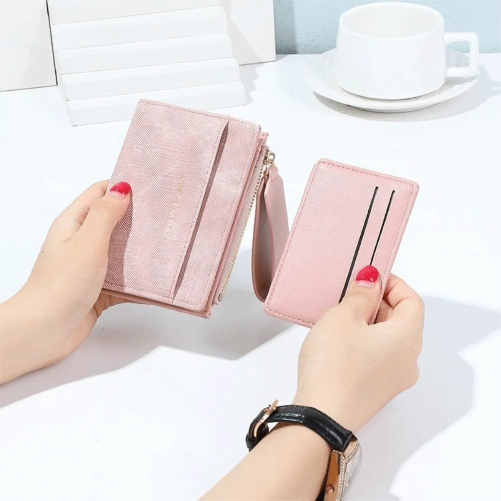 

Zipper Solid Color Folding Wallet Snap Button Classic Women Short Wallet Anti-Splash Water Multiple Card PU Card Bag Work