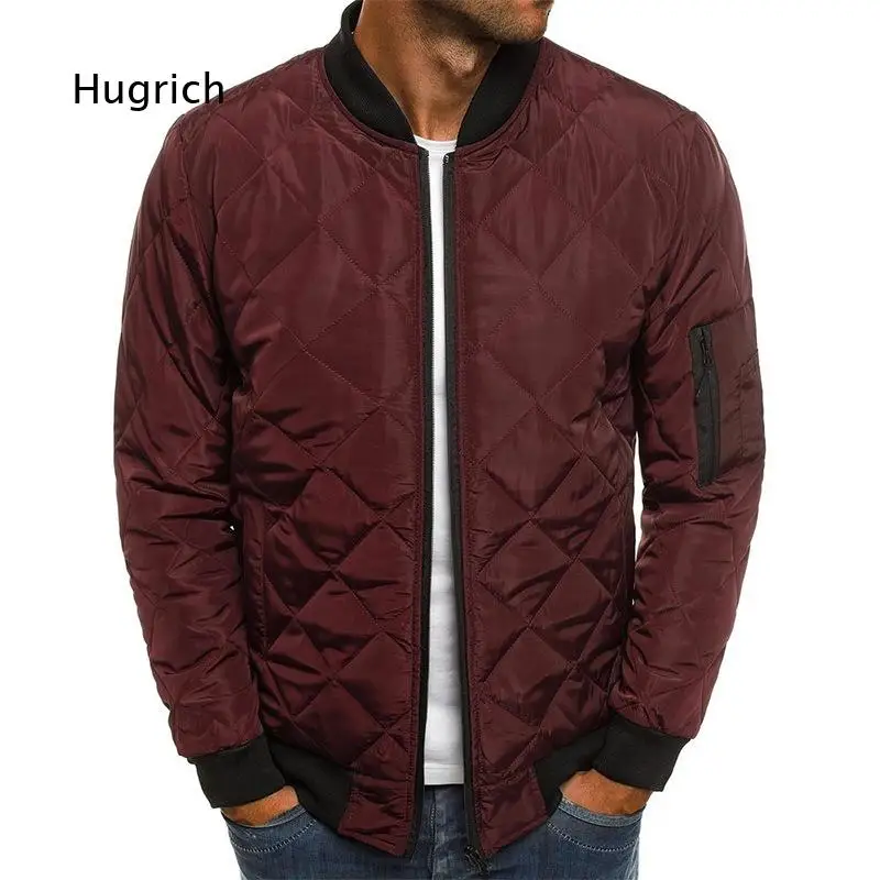 Men Red Diamond Quilted Bomber Jacket Full Zip Ribbed Collar Cuff Hem with Sleeve Zipper Pocket Casual Lightweight Winter