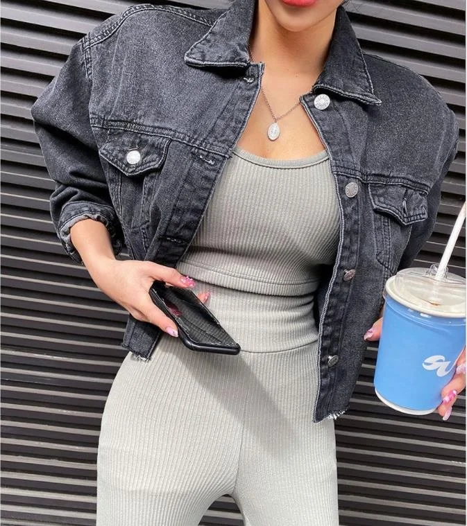 Retro Washed Denim Jacket Women's Short Style  Collar Double Pocket Slim Fit Hem Tassel Casual Cotton Outerwear Top