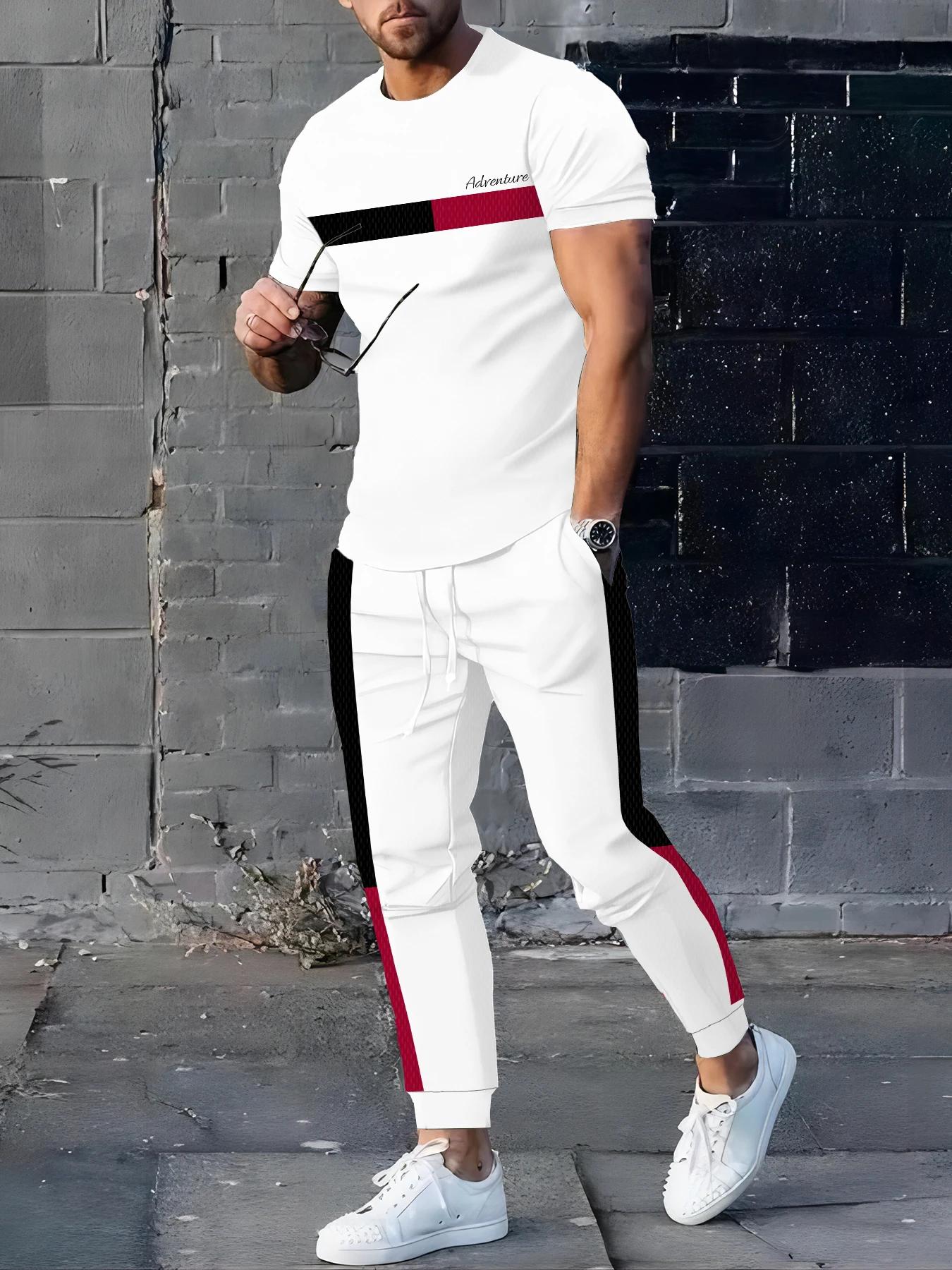 

Gradient Blue Double-piece Printed Loose Casual Autumn Thin 2pcs Set, Daily Street Fashion Casual Men's Top And Trousers