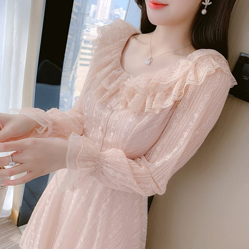 

2022 Spring Summer Fashion Pink Sweet Ladies Dresses Long Sleeve Lace Ruffles Party Dress Vestidos Elegantes