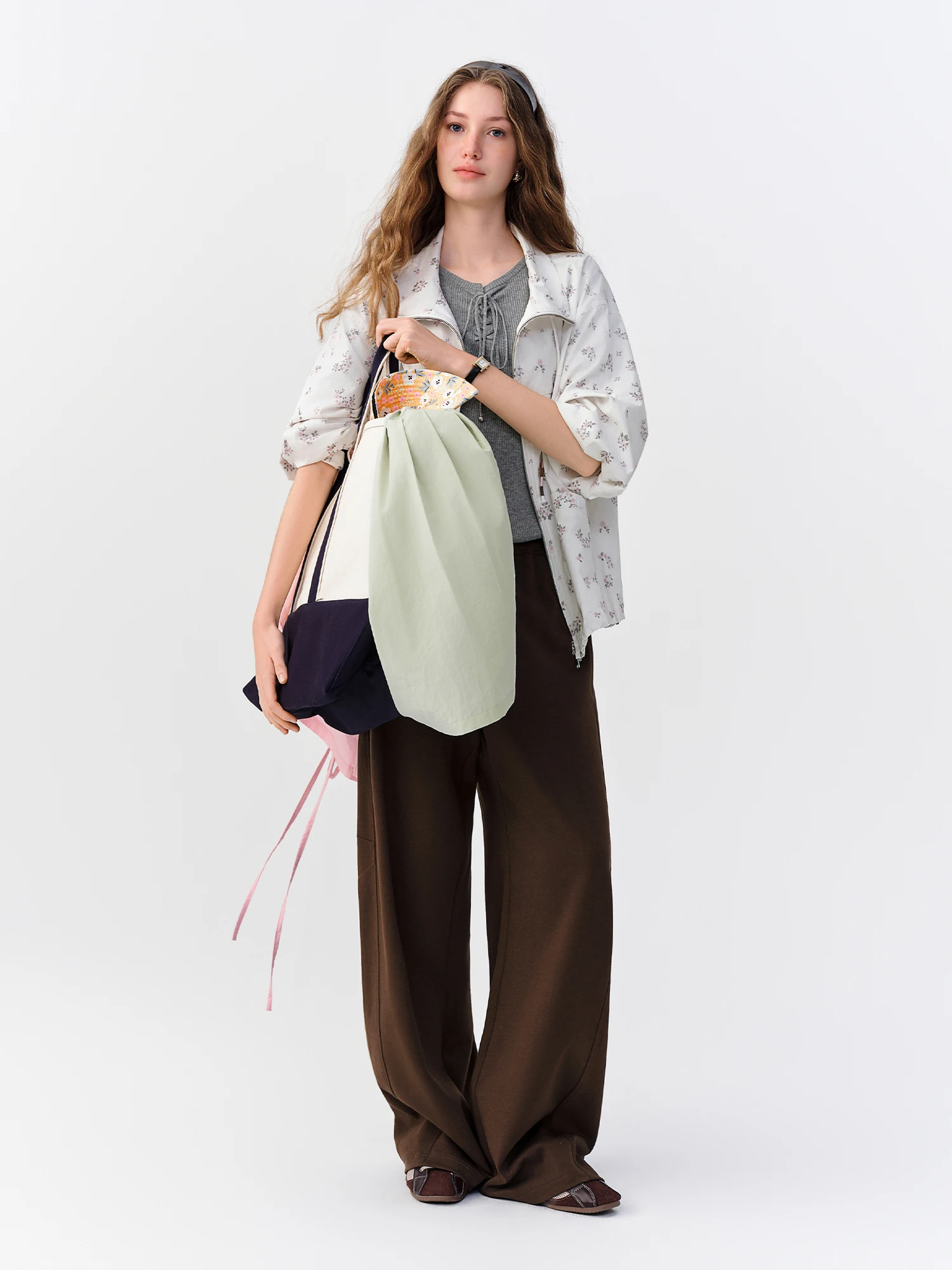 DUSHU 2026 Autumn New Women's Color-Block Drawstring Wide-Leg Pants Slimming Straight-Leg Trousers Available in Multiple Sizes