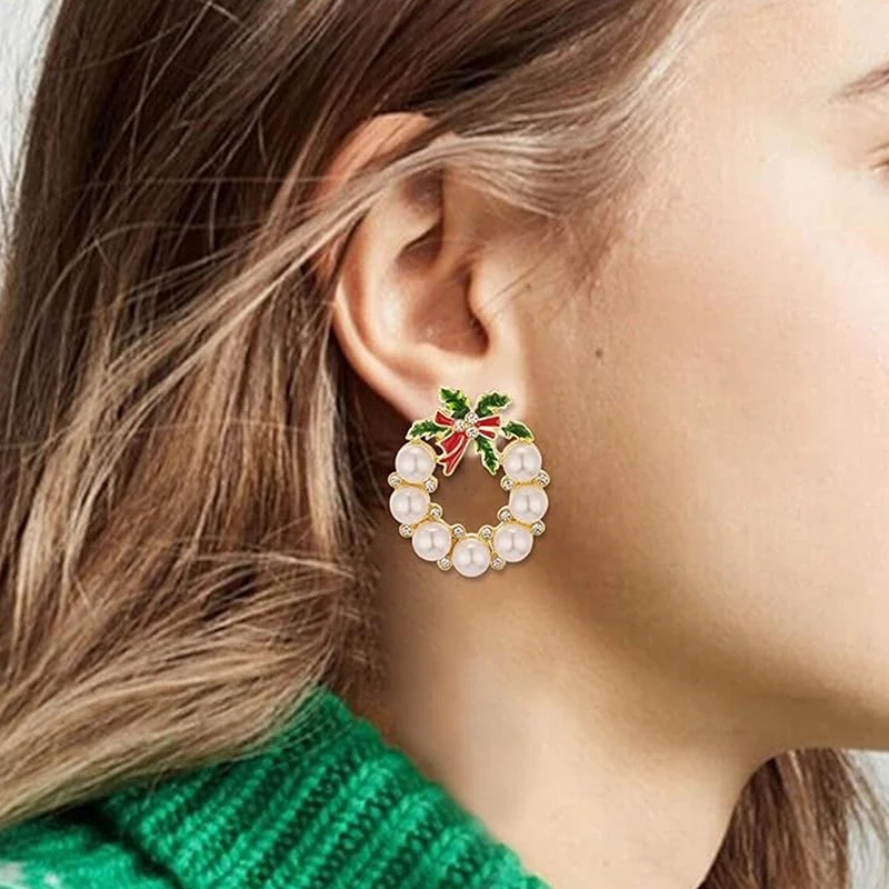 Huitan Christmas Wreath Imitation Pearl Stud Earrings for Women Colorful Enamel Holly Bow CZ Xmas Earrings Holiday Party Jewelry
