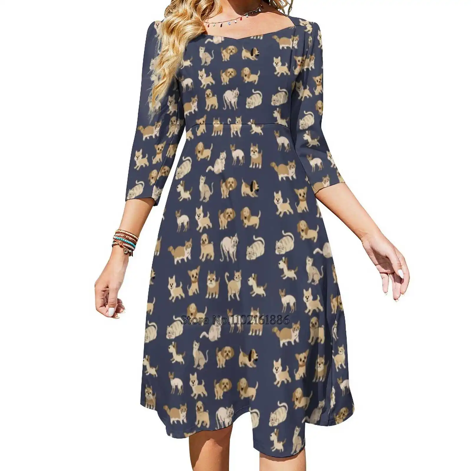 

Cute Cats And Dogs Pattern : Pets Owners Design Square Neck Dress Summer Dress Women Elegant Halter Print Dress Dogs Pattern