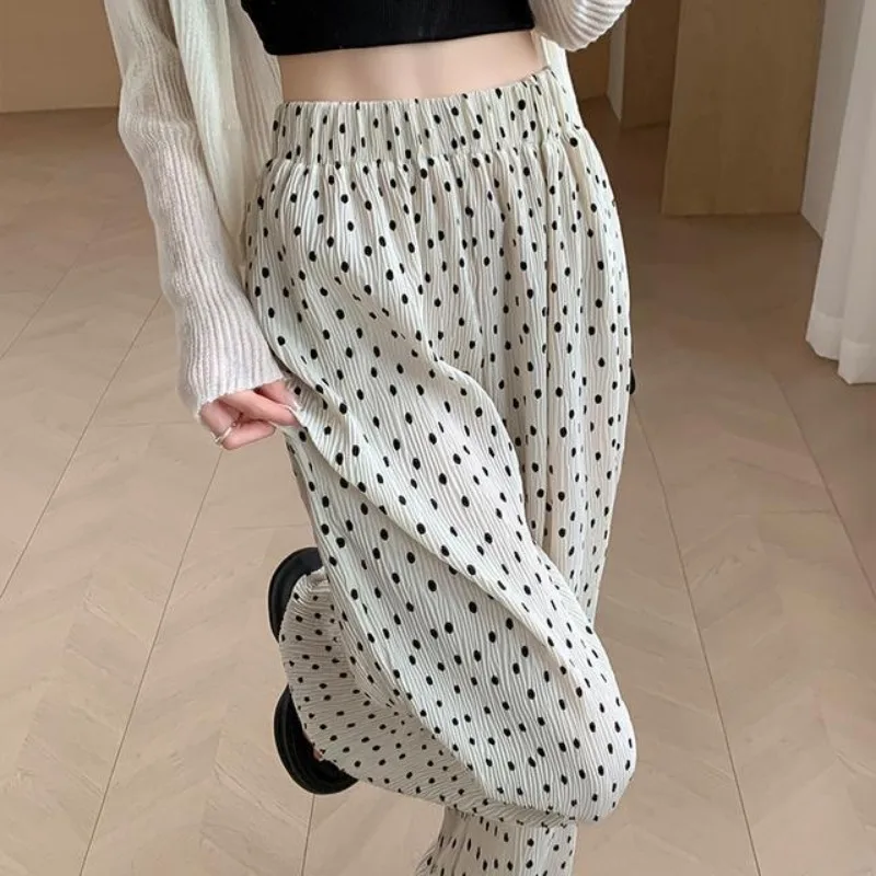 Polka Dot Pleated Wide-leg Pants Female  Summer Thin High Waist Vertical Slacks Loose Ice Silk Mopping Pants Streetwear Women