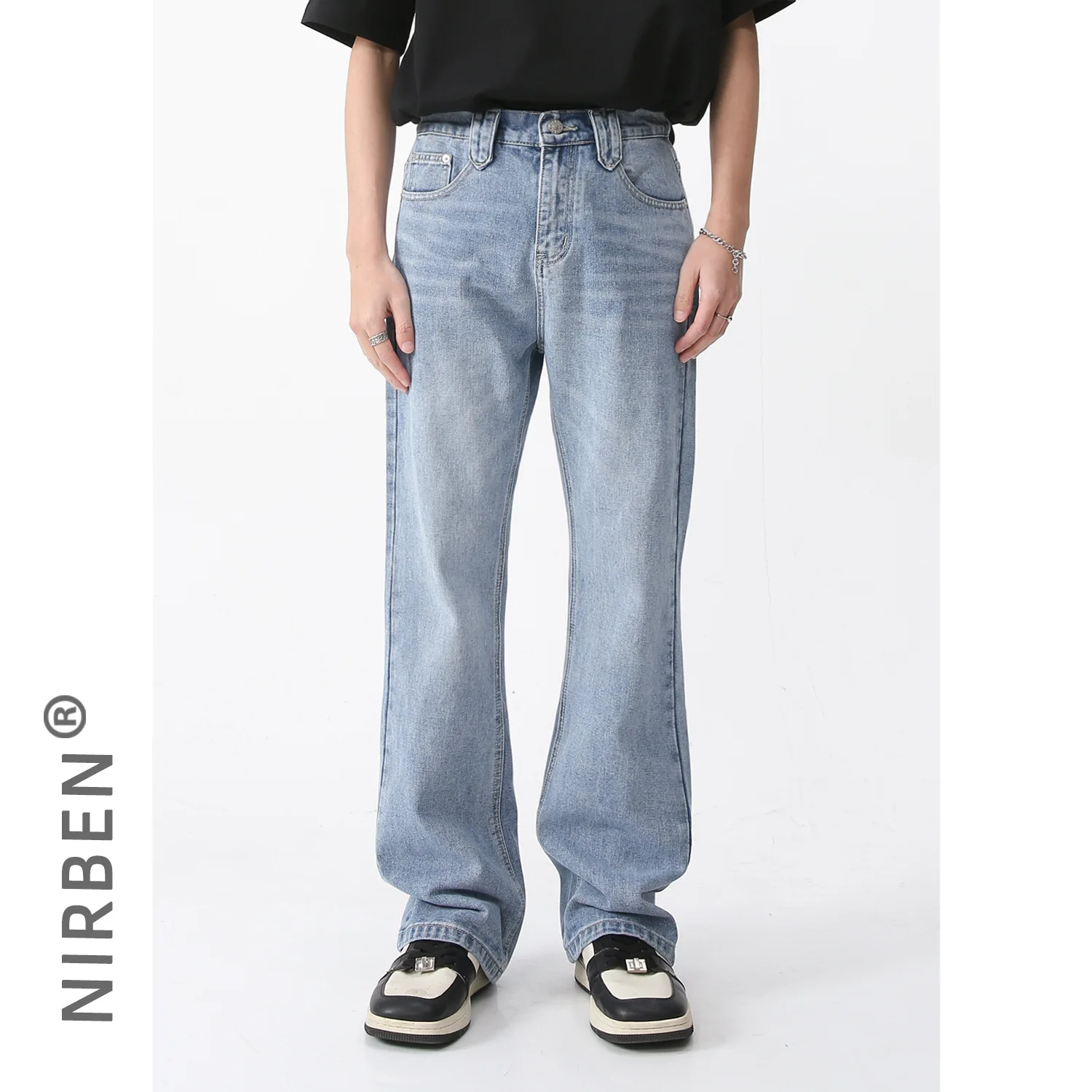 Denim New Men's Elastic Waist Light Blue Slightly Pulled Jeans Personalized Fashion Loose Men's Pants