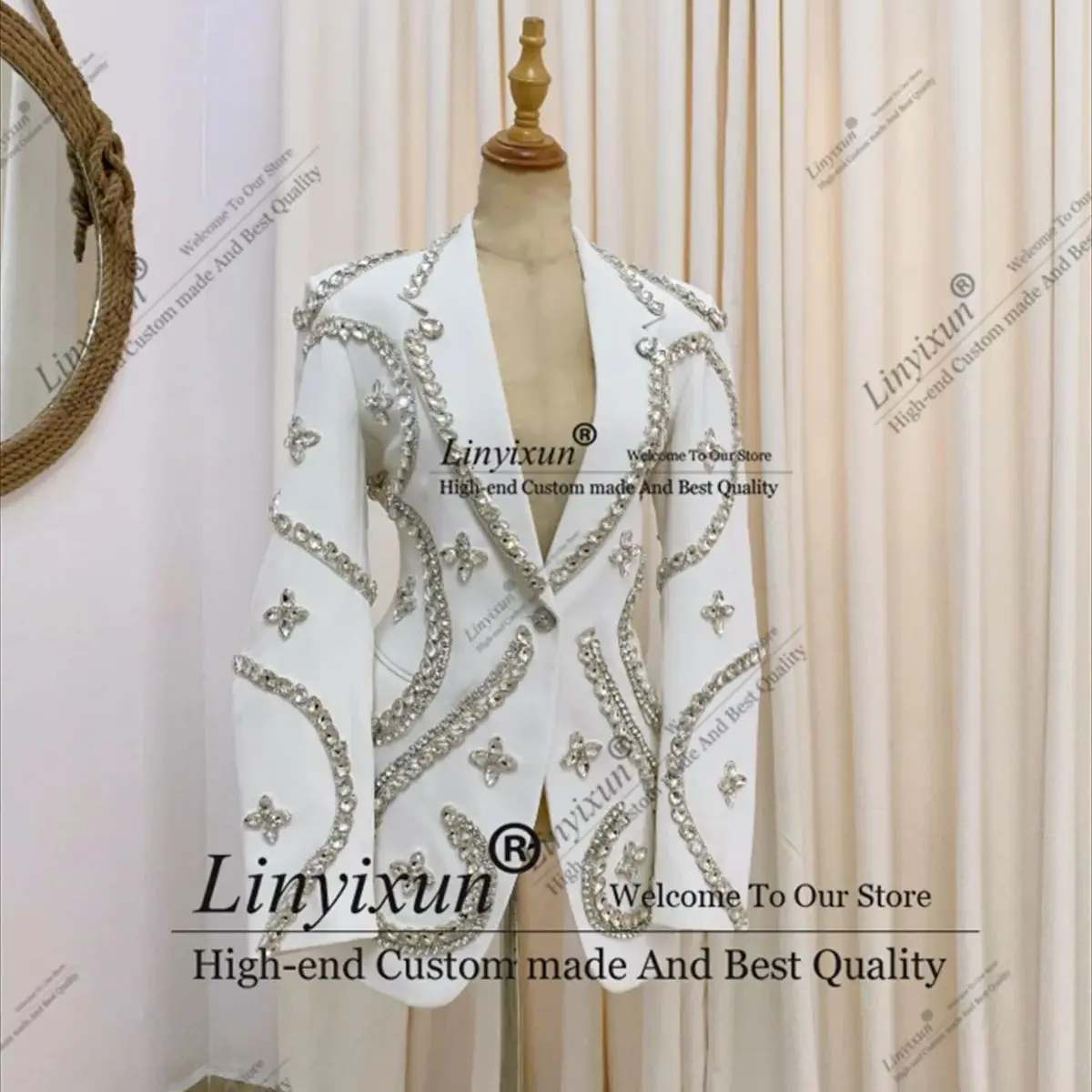 Luxury Rhinestone Suit for Women Single Breasted 2 Piece Jacket Pants Blazer Set Slim Fit Office Lady Female Clothing Prom Bla