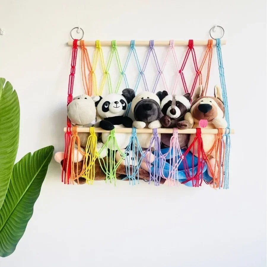 1-4Tier Macrame Stuffed Animal Storage Hammock Wooden Holder Boho Stuffed Storage Organizer Net Racks for Nursery Wall Decor