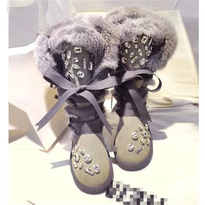 

Luxury leather rhinestone rabbit hair strap inside height-up fur all-in-one snow boots high lace-up women's boots