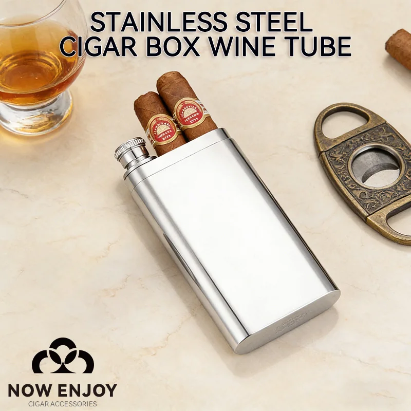 

304 stainless steel 2-in-1 cigar moisture-proof tube 2-ounce wine flask cigar tube portable wine flask cigar tube liquor whisky