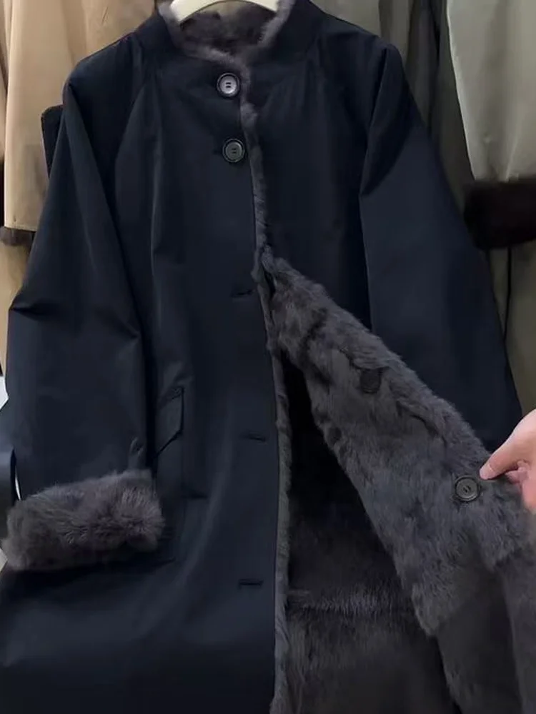Abrigo largo de invierno para mujer, abrigo de piel de piel Bla por encima de la rodilla, abrigo de envío con forro de Fce y cuello levantado, prendas de vestir exteriores