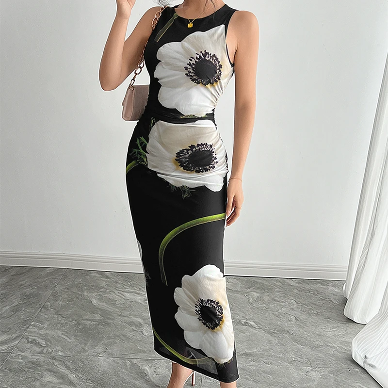 Elegant Lady Floral Printed Long Tank Dress 2025 Summer New Thin Black Mesh O-Neck Dress Sexy Skinny Hip Wrapping Slim Vestidos