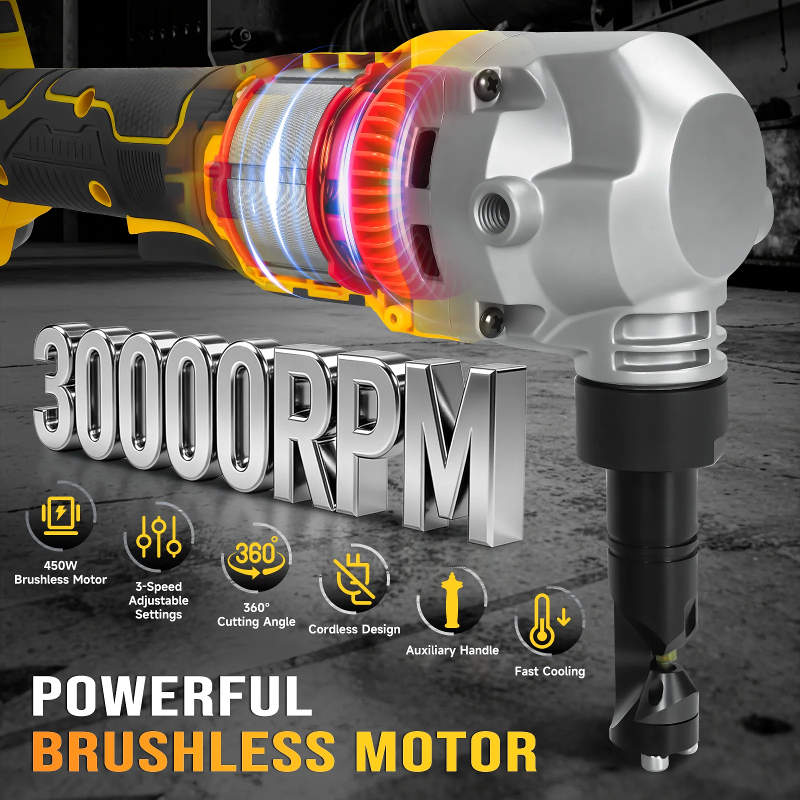 Brushless Electric Metal Nibbler 30000RPM 3 Speed Power Sheet Metal Cutter for Stainless Steel Aluminum for Dewalt 20V Battery