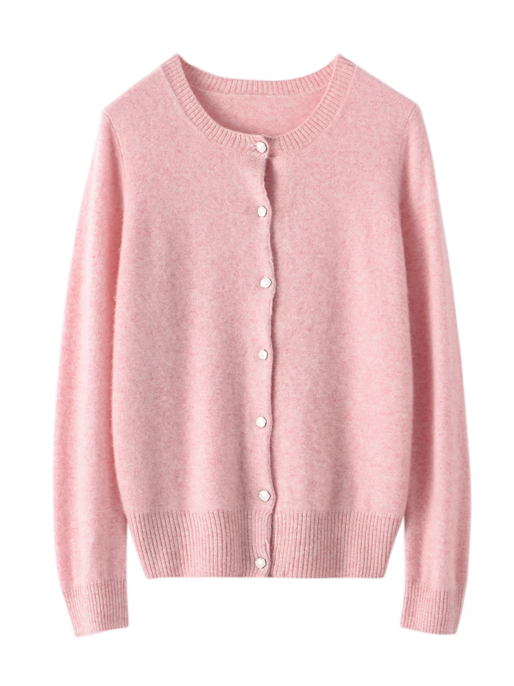 Addonee outono inverno feminino o-pescoço cardigan 100% camisola de caxemira senhora do escritório estilo simples camisola casaco cashmere malhas topos