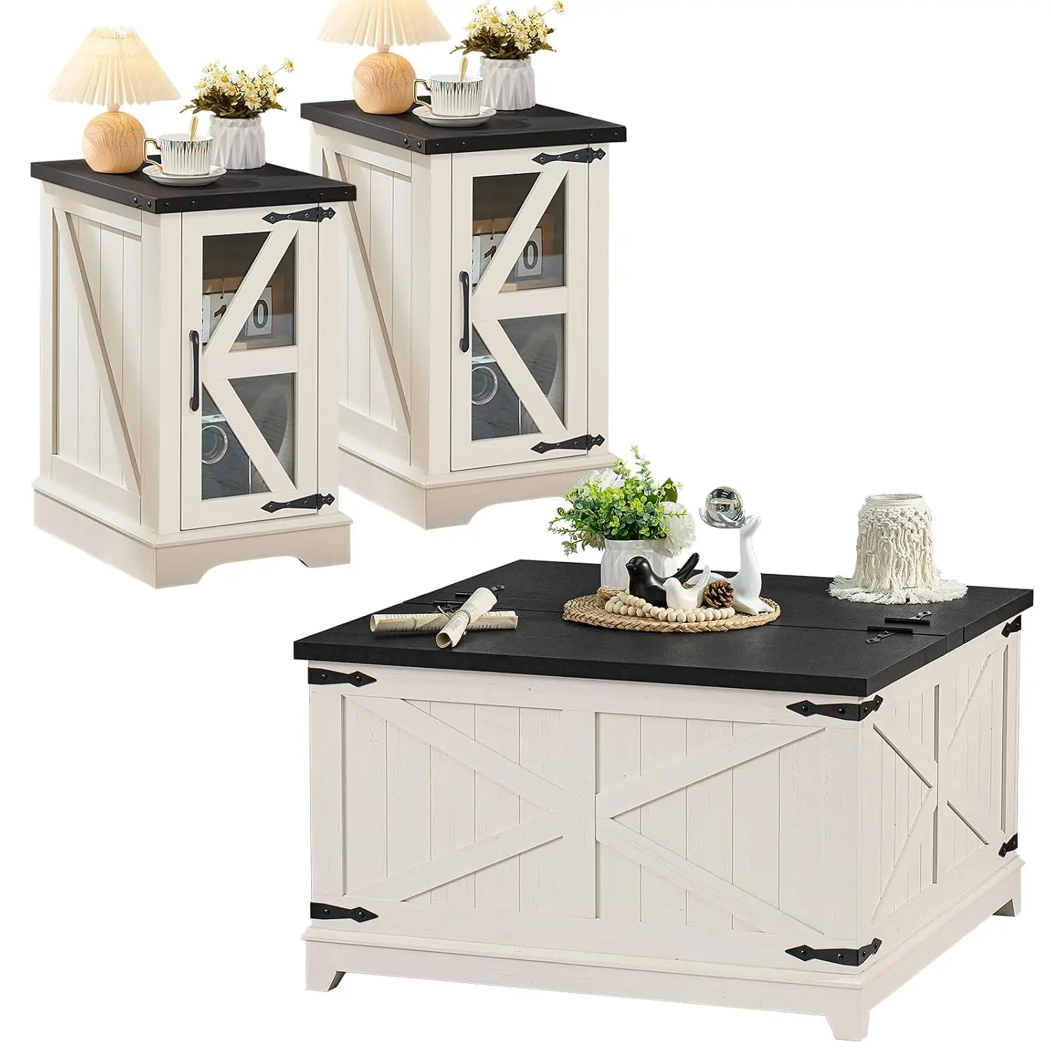 Farmhouse Coffee & Side Table Set 3-Piece Living Room Bedroom Nightstand, Customized