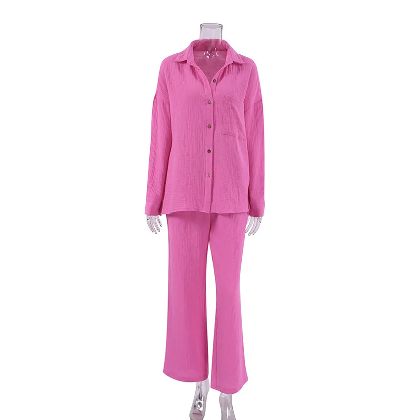 NHKDSASA Cotton Women\'s Home Clothes Loose 2 Piece Sets Long Sleeve Sleepwear Female Casual Trouser Suits 2022 Autumn Pajamas