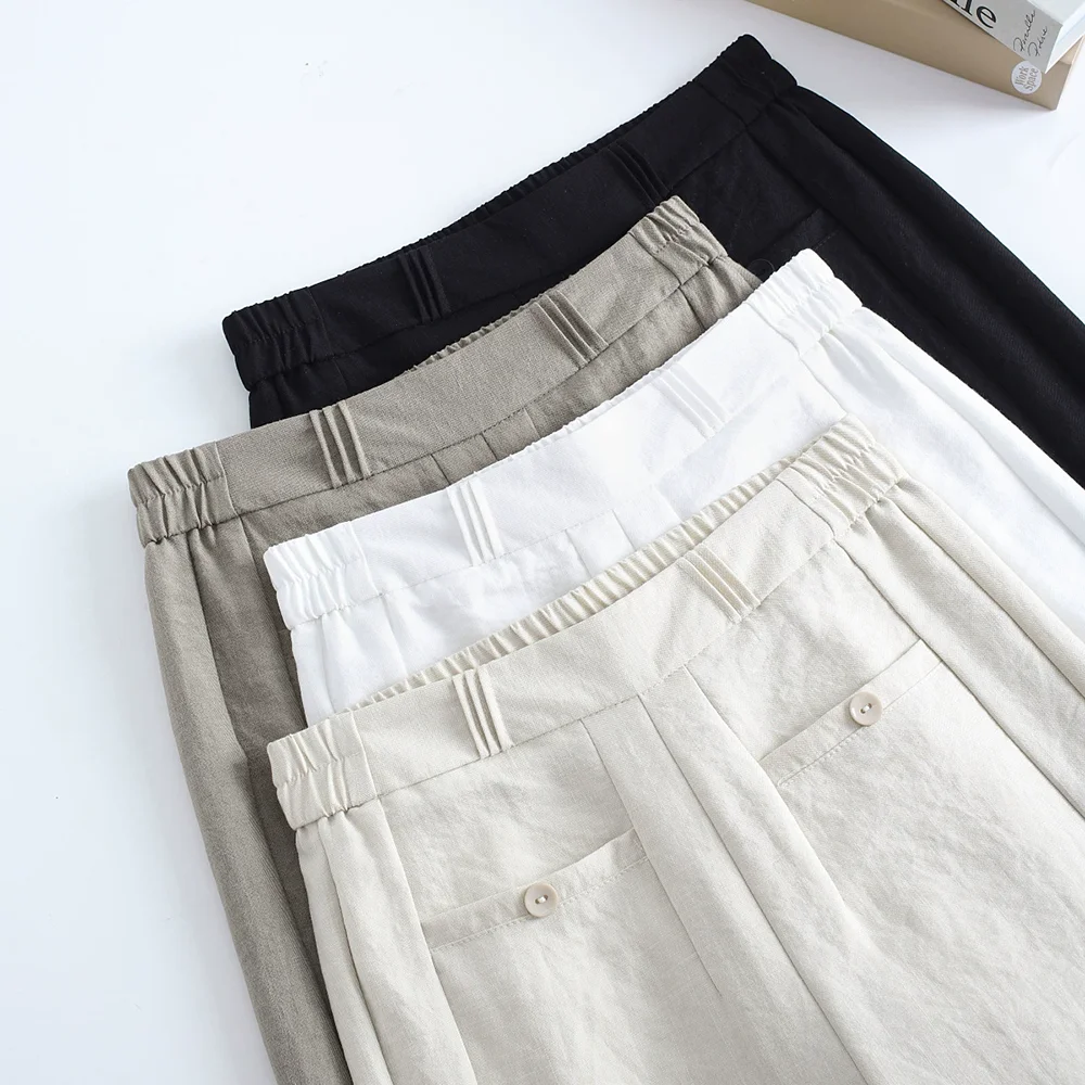 Women linen wide leg pants for summer thin fashion comfortable high-waisted casual breathable trousers oversize L To 6XL