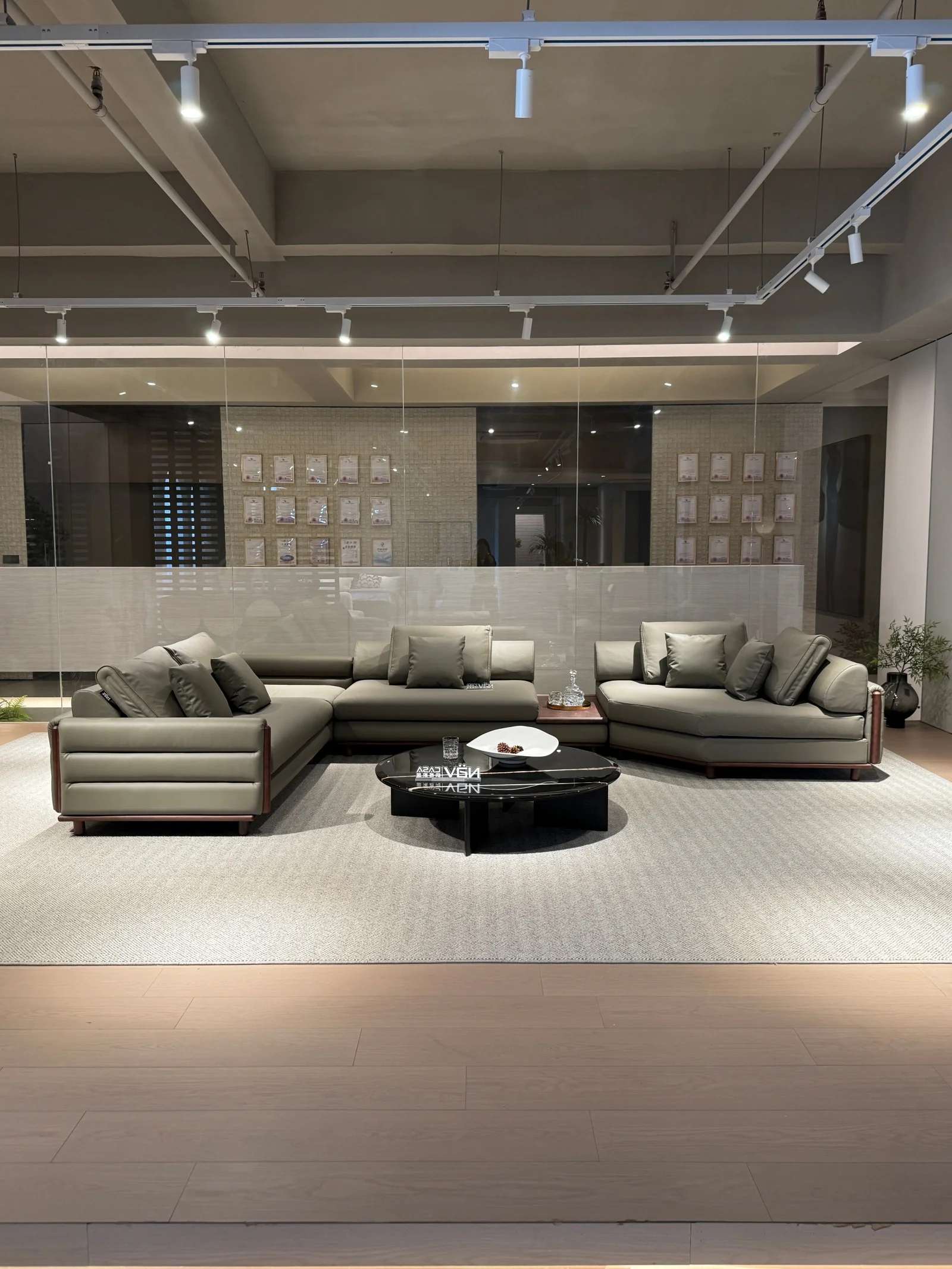 Sage Green Cowhide Leather L Shaped Sectional Sofa Wooden Trim Modular Couch Deep Seat Low Profile For Living Room Villa Home