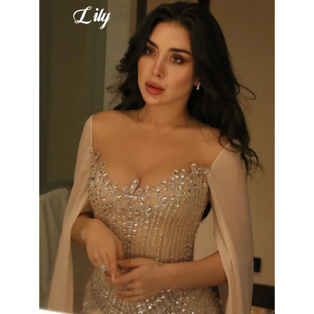 Lily Light Pink Evening Dress With Beaded Corset Bodice And Sheer Cape Sleeves Flowy Chiffon Formal Prom Dress Colors Customized view 3