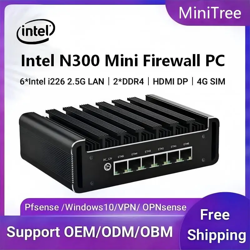 

Intel N300 Fanless Industrial Computer 6x2.5G Lan Office Enterprise OPNsense PfSense Firewall Appliance Mini PC HD DP 4G SIM