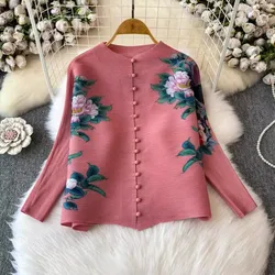 Miyake Pleated Floral Print Blouses Shirts Women 2024 Autumn O-Neck Three-quarter Sleeves Office Ladies Elegant Loose Tops