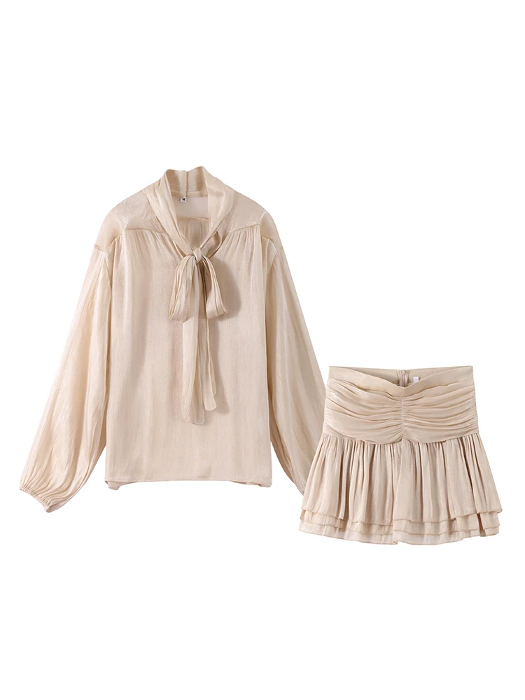 Elegante arco superior saias conjunto para mulheres rendas até o pescoço longo lanterna manga blusas de cintura alta saia plissada 2025 novas roupas das senhoras