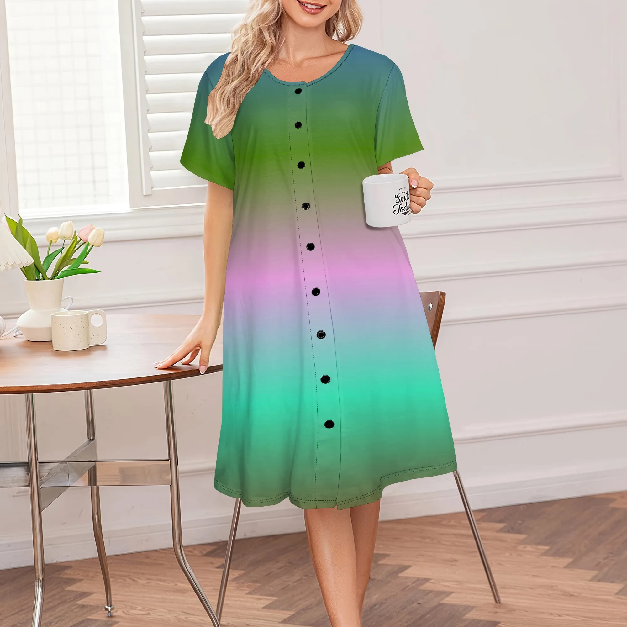

Women's Summer Dress Ombre Print Round Neck Button Loose Breathable Midi Skirt for Beach Vacation Shopping Dating