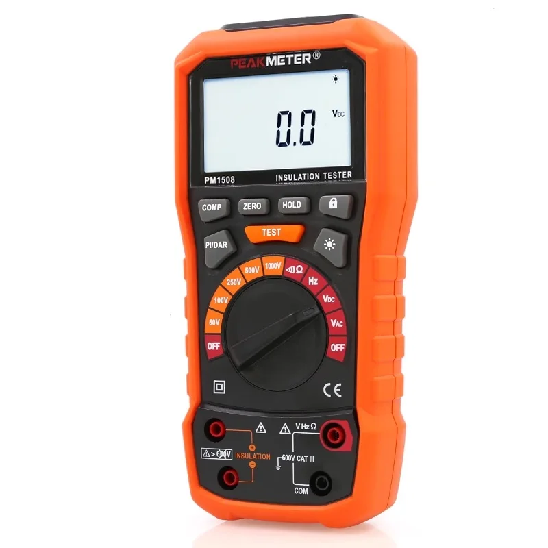 Peakmeter PM1508 Digital Insulation Resistance Tester 100GOhm Megohmmeter Auto Range Multimeter Voltmeter LED indication PI DAR