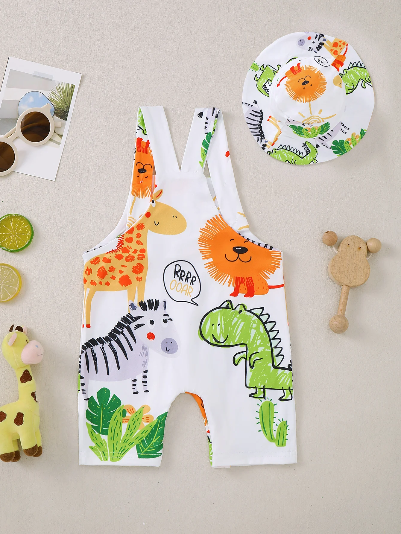 Baby Boy Cartoon Strap Shorts Set with Sun Hat Toddler Boys Outfit Combination