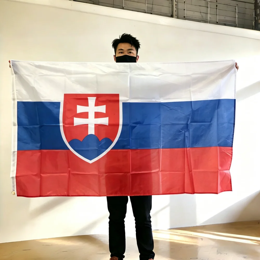 FlagGo Slovakia Flag 150x90cm 3x5 FT White Blue Red Stripes Double Cross Emblem Polyester Double Stitched Outdoor Indoor Decor