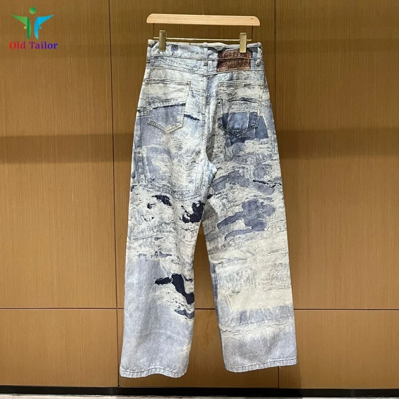 24SS Mens Womens High Quality 1:1 Vintage Brand 3D Print Hanging Straight Baggy Wind Light Blue Print Washed Jeans Lounge Pants