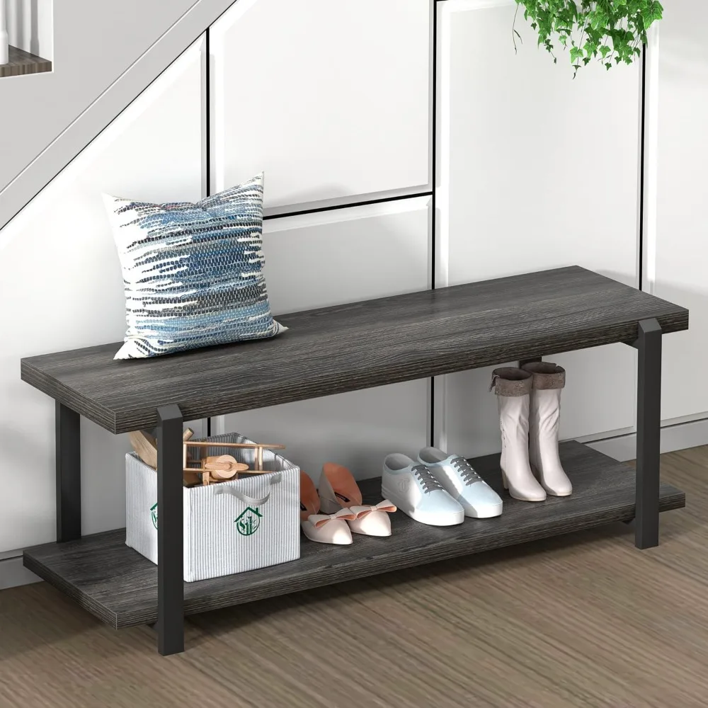 

47 In Entryway Bench w/Shoe Storage,Modern End of Bed Bench,Wood & Metal Entry Bench for Hallway Front Door, Bedroom Living Room