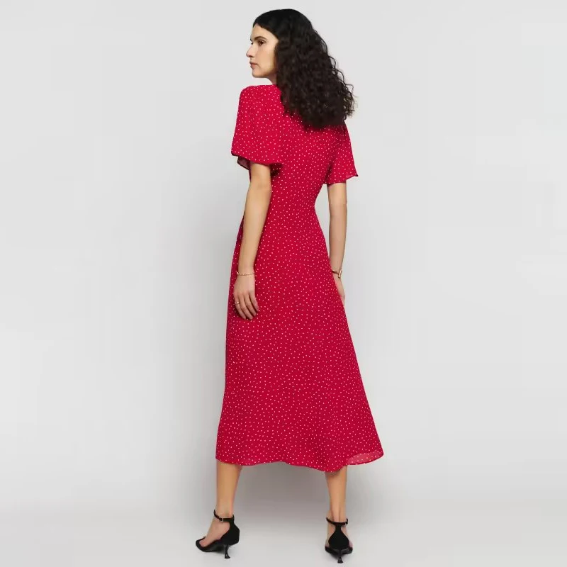 New Summer Dresses 2023 V-Neck Dress Accept Waist Thin Female Temperament Hepburn wind Red Polka Dot Dress With Short Sleeves