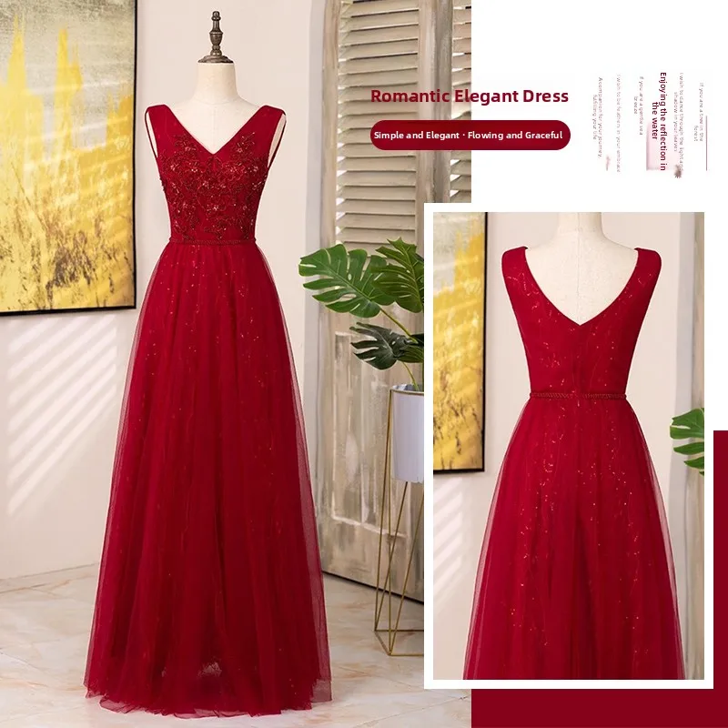 

Wine Red Evening Dr Faionable plus Size Banquet Host Luxury Year End Meeting Net Skirt Long Dr Slimming