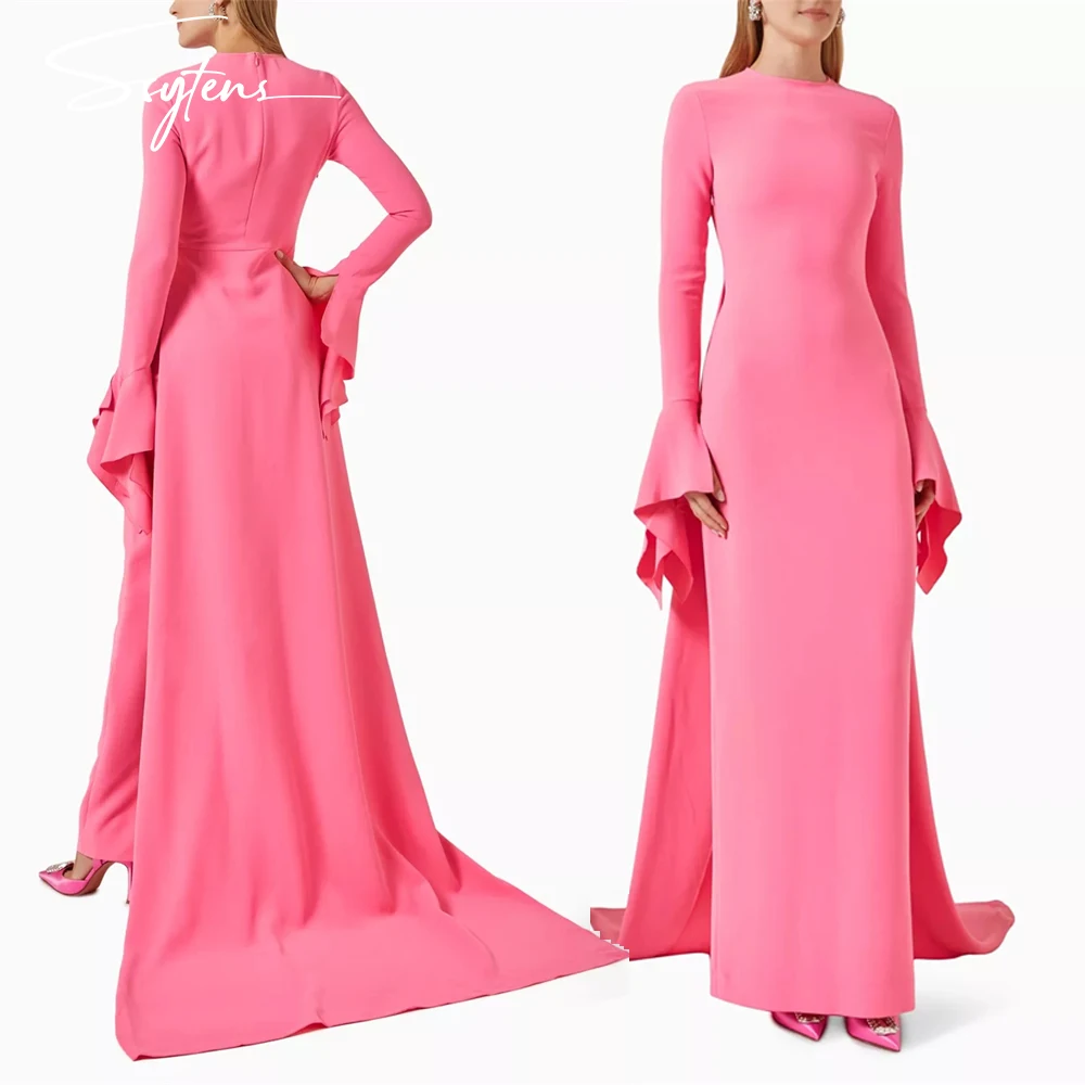 

Elegant Pink Sheath Long Sleeves Evening Dress Floor-Length O Neck Simple Dubai Formal Gown for Women Arabic Prom Dresses Gowns