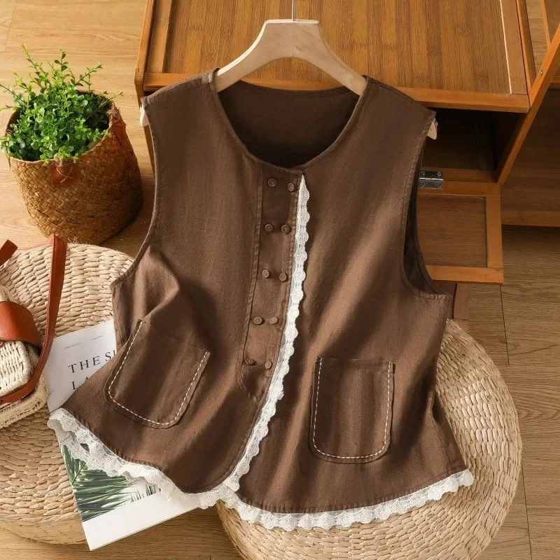 2026 Ladies Vest Spring Summer Cotton And Linen Age-reducing Women's Vests Coat Embroidered Ladies Casual s