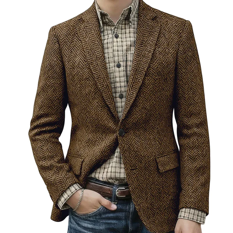 

Herringbone Men's Jacket Single Breasted Elegant Casual Slim Stage Suit Jackets Suite for Man New in Suits and Blazers Male Coat