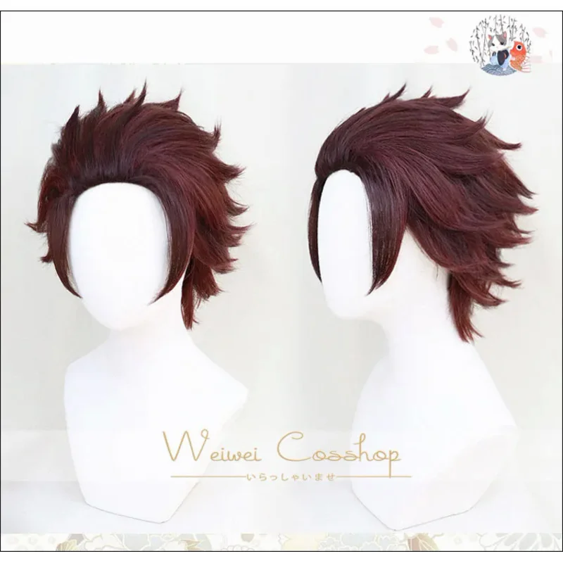 Demon Slayer Kimetsu no Yaiba Tanjiro Kamado Short Chestnut Brown Heat Resistant Hair Cosplay Anime Wig Wig Cap