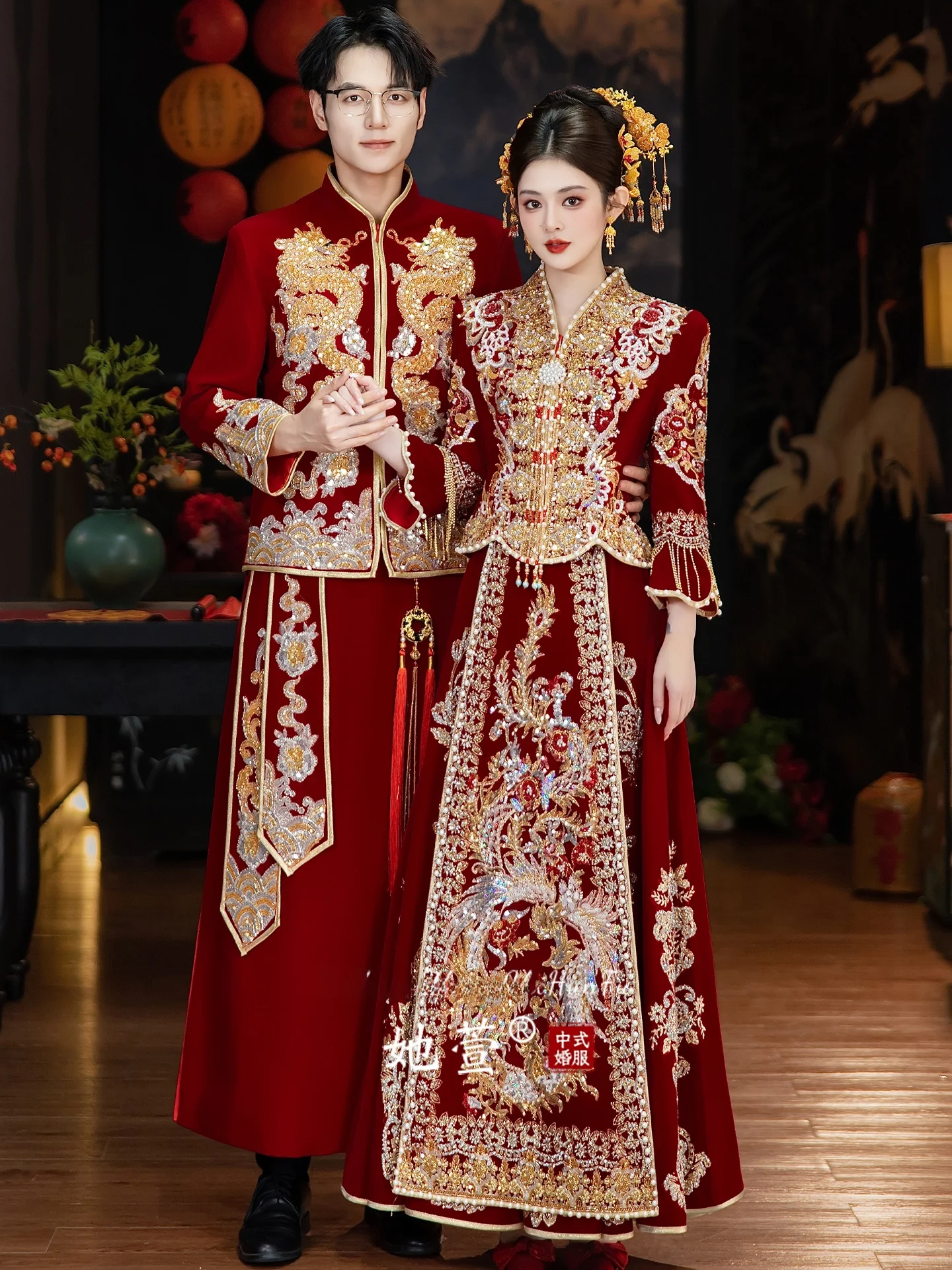 

2025 New Wedding Couple Set Women's Wedding Dr Men's Suit Vintage Sle Long Sve Dragon And Phoenix Pattern Polyester F...