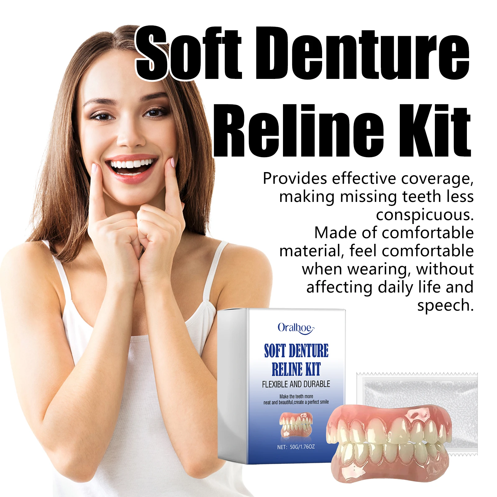 Kit de rebaixamento de dentadura macia, ajuste perfeito, reparação de dentes faltantes, conjunto completo de dentaduras superiores e inferiores, natural, fácil uso, aparelho de silicone