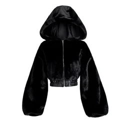 Autumn Winter Faux Rabbit Fur Bomber Teddy Coat Zipper Streetwear High Waist Furry Hooded Plush Jacket Cardigan Fleece Parkas