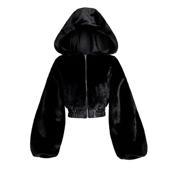 Image Autumn Winter Faux Rabbit Fur Bomber Teddy Coat Zipper Streetwear High Waist Furry Hooded Plush Jacket Cardigan Fleece Parkas