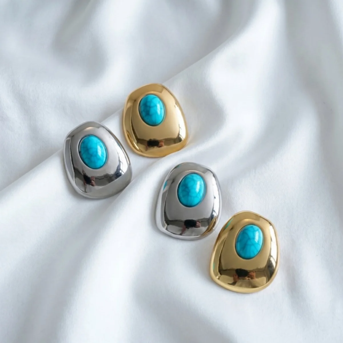 Vintage Imitation Naturstein Unregelmäßiger Rahmen Ohrstecker für Frauen Mode Große Glatte Metall-Ohrringe Punk Party Schmuck – Detail 12