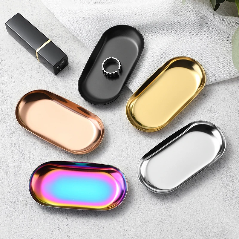 

Stainless Steel Manicure Jewelry Storage Tray Metal Cosmetic Storage Oval Cake Fruit Dessert Tray Snack Plate Kitchen Organizer
