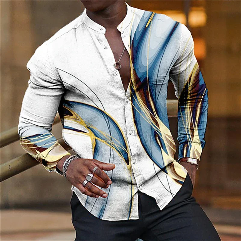 Summer 2023 men\'s fashion 5-color shirt collar button shirt men\'s casual digital 3D printed long-sleeved shirt street wear