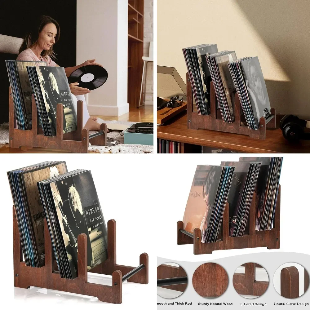 Vintage Wooden Record Holder & CD Storage Stand, Portable Iron Display for Vinyl Records